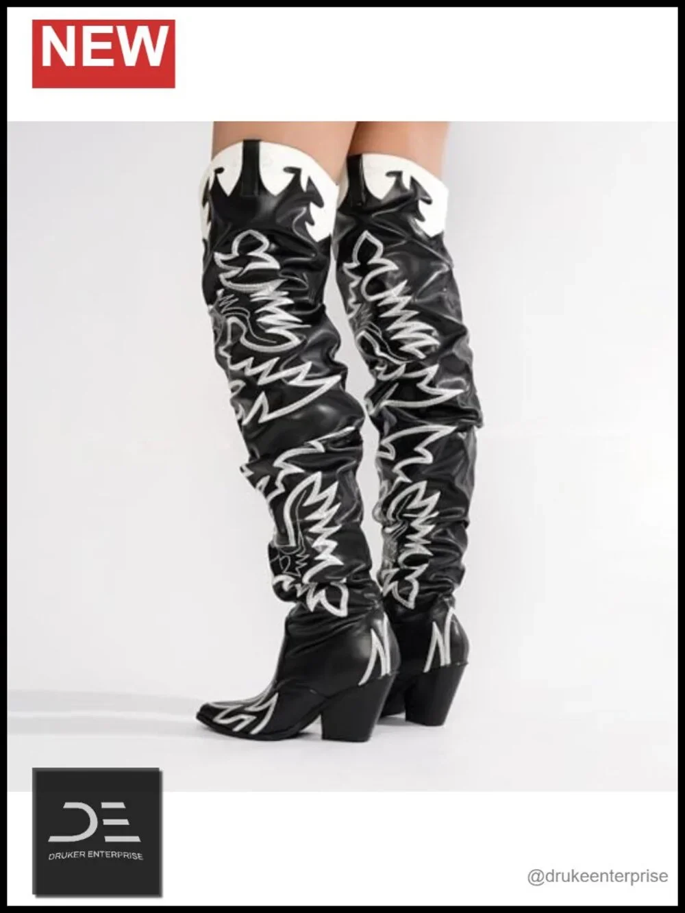 Faux Leather Slouchy Thigh High Chunky Heel Western Cowboy Boots